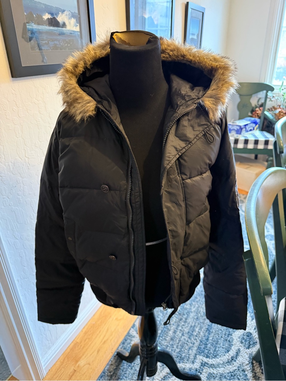 Diesel Black Quilted Puffer Jacket with Faux Fur Hood